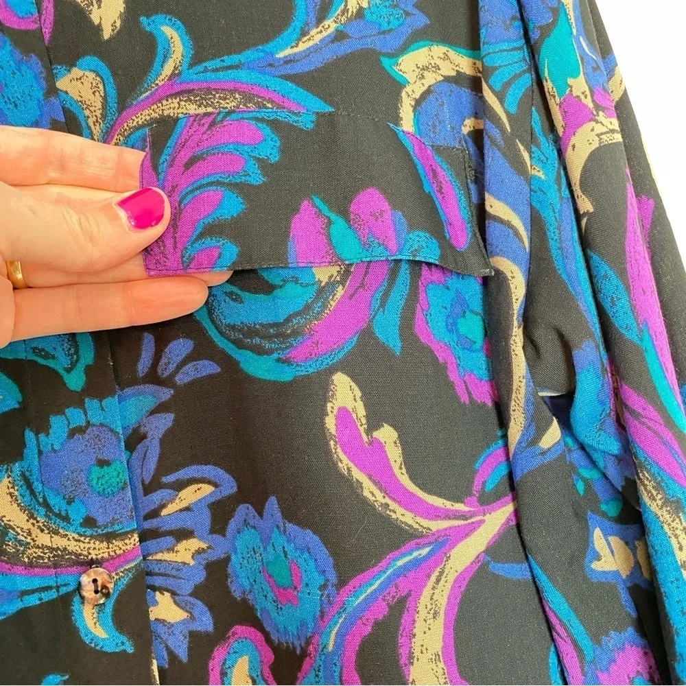 Vintage 80s 90s Button Down Shirt Blouse Womens Size 12 Large Floral Tunic Black